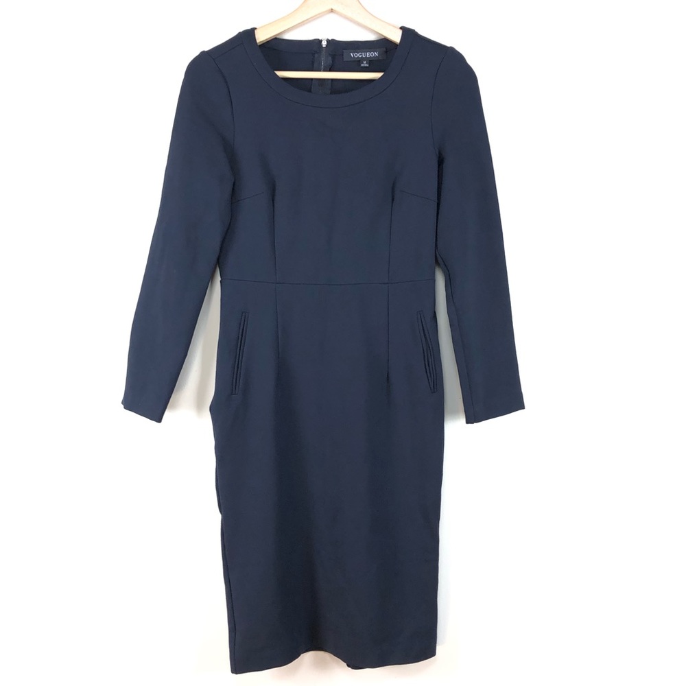 VOGUEON Solid fitted Midi Dress Navy Blue Work Official Business Professional